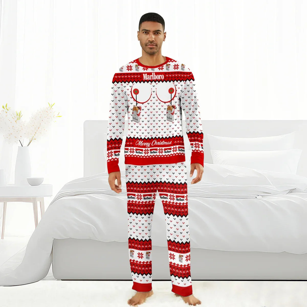 Man wearing white and red Marlboro Merry Christmas festive pajamas with cigarette pack motifs in modern bedroom