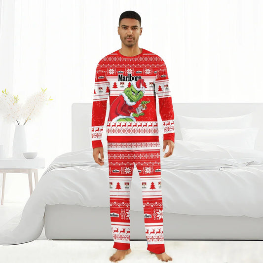 Man wearing red Marlboro Christmas pajamas featuring the Grinch in Santa outfit in a bright bedroom