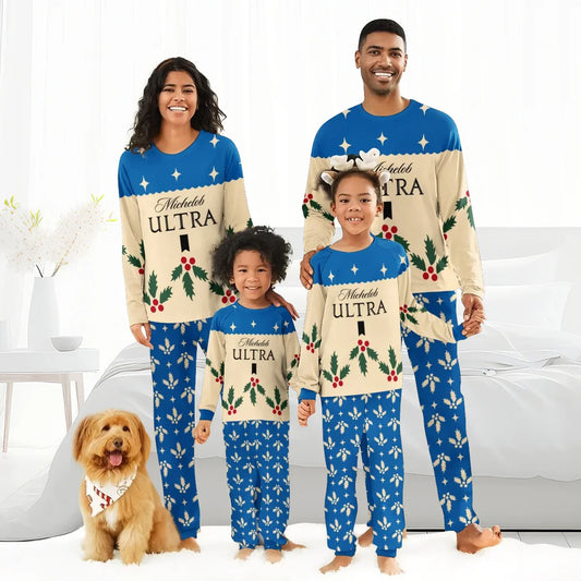 Smiling family wearing matching Michelob Ultra holiday pajamas with holly and star patterns, dog with festive bandana