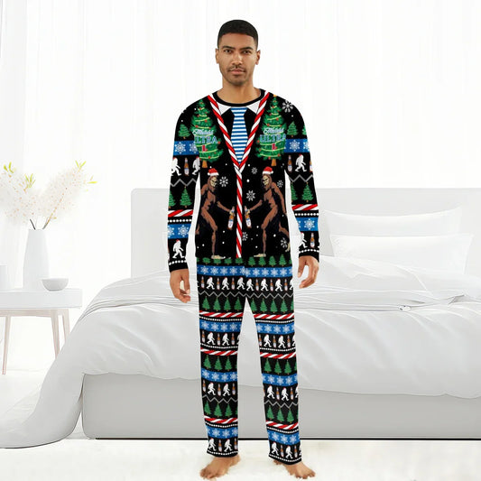 Man wearing black Christmas Bigfoot family pajamas with trees, snowflakes, candy cane stripes, and beer bottles