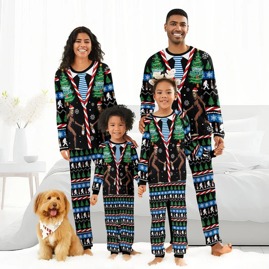 smiling family wearing matching Christmas Bigfoot pajamas with Michelob Ultra logo and dog with bandana