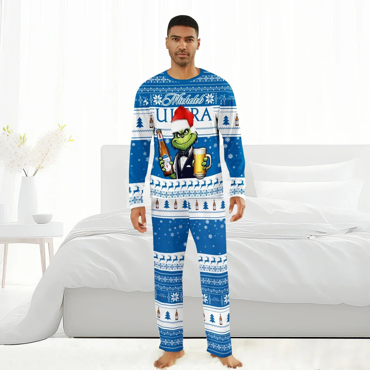 Man wearing Michelob Ultra Grinch Christmas family pajamas with holiday patterns and Grinch holding beer