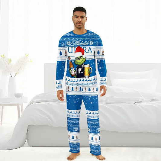 Man wearing Michelob Ultra Grinch Christmas family pajamas with holiday patterns and Grinch holding beer