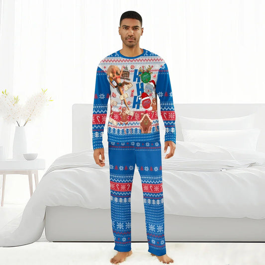 Man wearing blue festive Michelob Ultra HoHoHo family pajamas with Christmas patterns in bright bedroom
