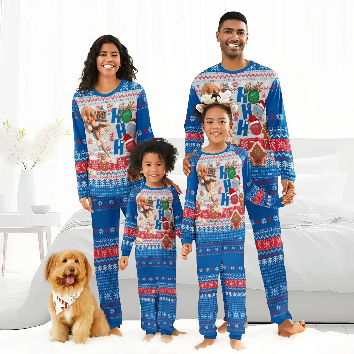 Smiling family in matching blue Christmas pajamas with festive patterns and a dog wearing a holiday bandana