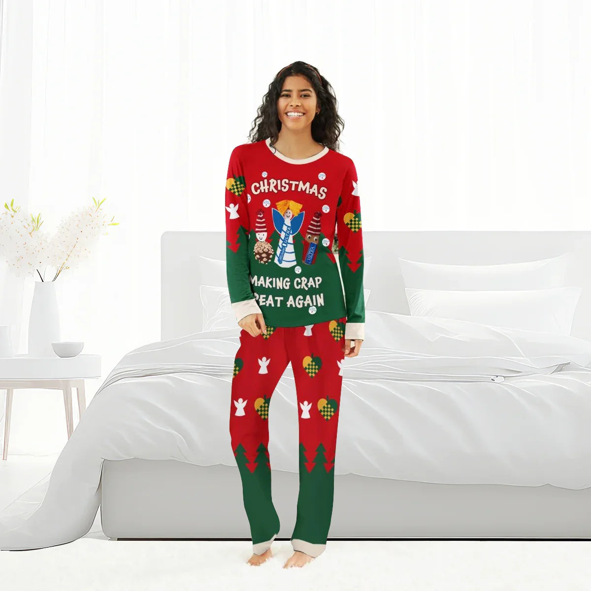 Smiling woman wearing red and green Christmas pajamas with festive patterns in bright bedroom