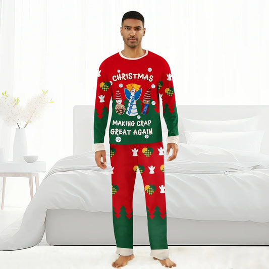 Man wearing red and green Christmas pajamas with festive graphics and text, standing in bright bedroom