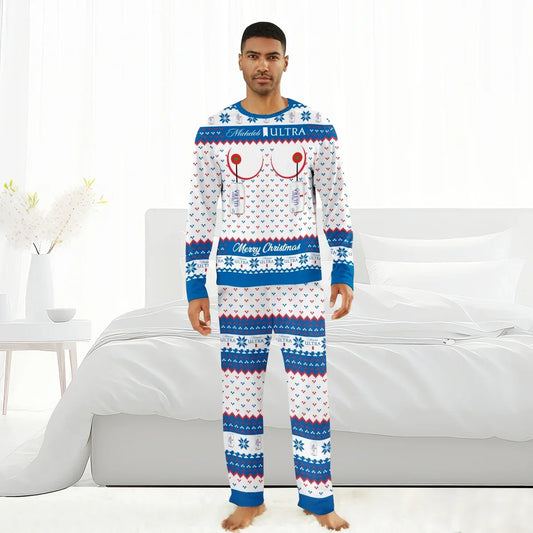 Man wearing Michelob Ultra Merry Christmas pajama set with beer can pattern in bedroom