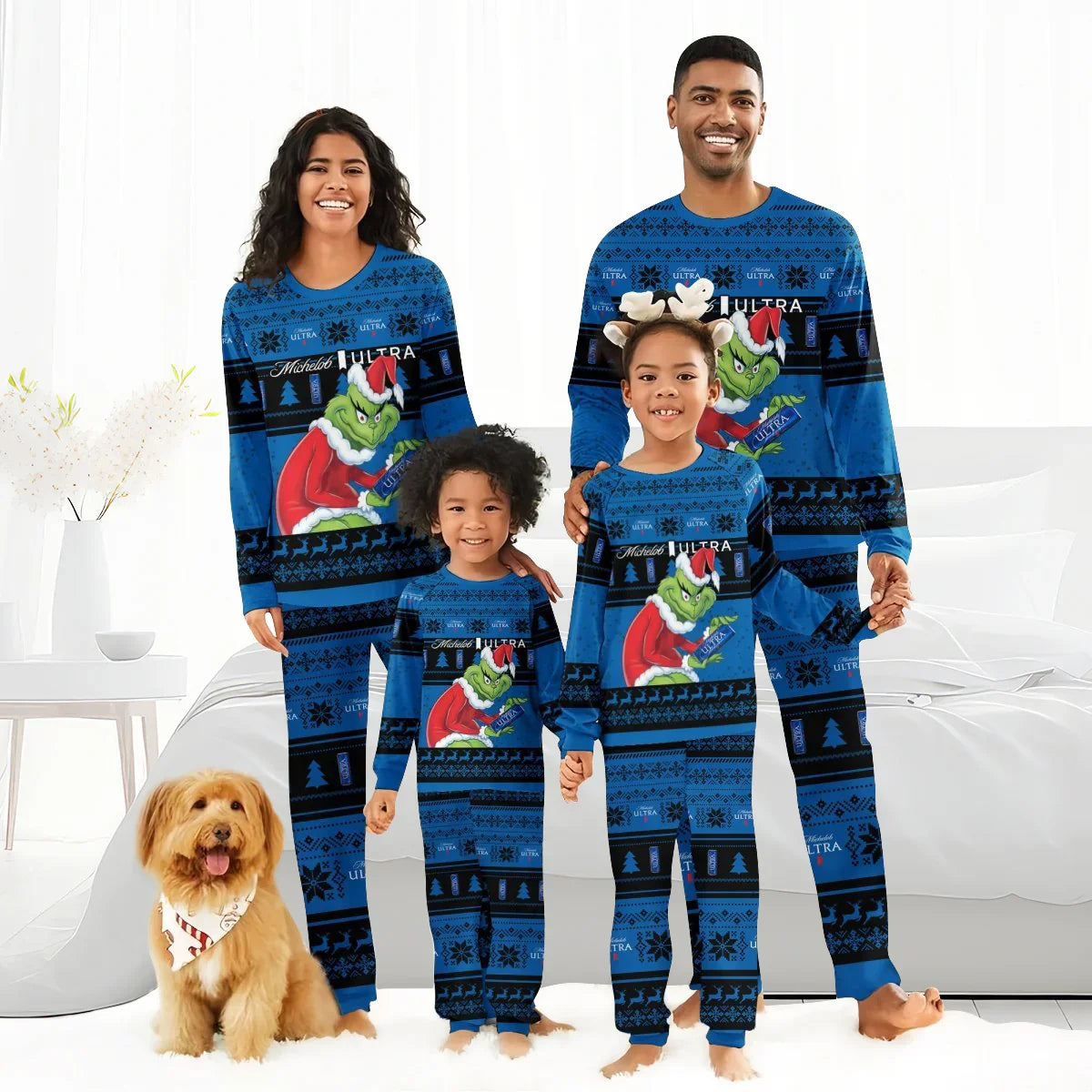 Family wearing matching blue Michelob Ultra Grinch Christmas pajamas with a dog in a festive bandana
