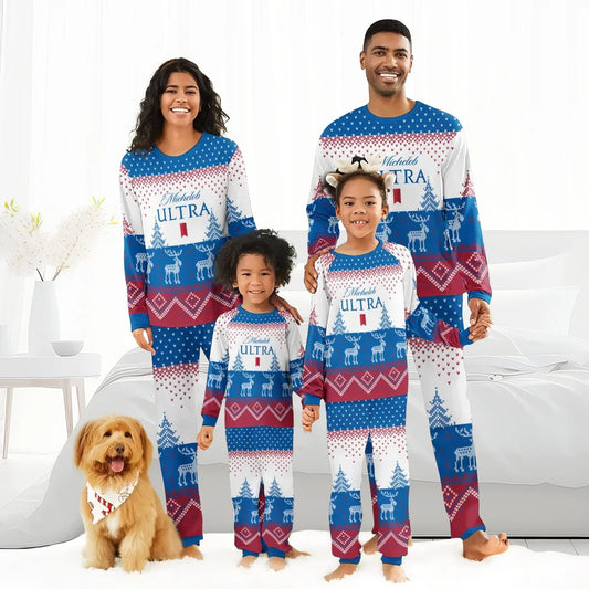 Family wearing matching Michelob Ultra festive reindeer pajamas posing in bright bedroom with dog