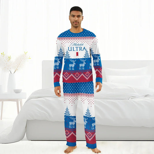 Man wearing Michelob Ultra blue, white, and red winter reindeer family pajamas standing in white bedroom