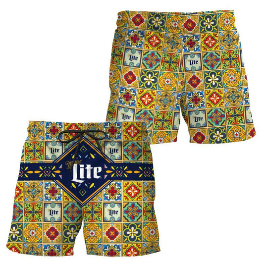 Miller Lite Azulejo Inspired Swim Trunks - VinoVogue.com