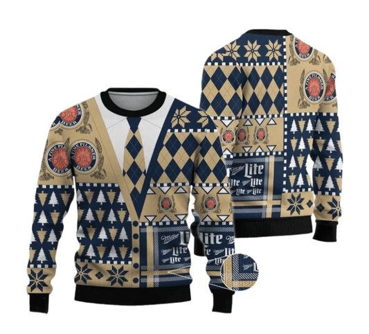 Miller Lite Christmas Diamond Plaid Ugly Sweater - VinoVogue.com