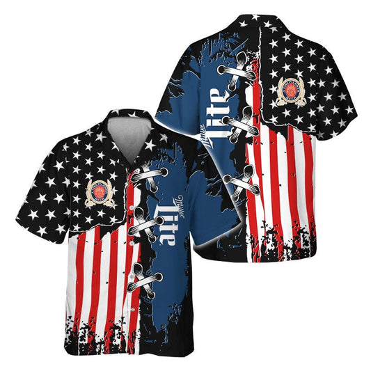 Miller Lite Patriotic Grunge Flag Hawaiian Shirt - VinoVogue.com