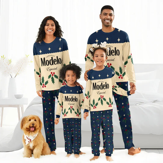 Smiling family in matching Modelo beer Christmas pajamas with holly designs and a dog wearing a festive bandana