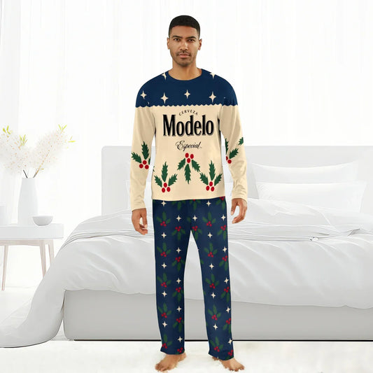 Man wearing Modelo Especial Christmas pajama set with holly and star patterns in bright bedroom