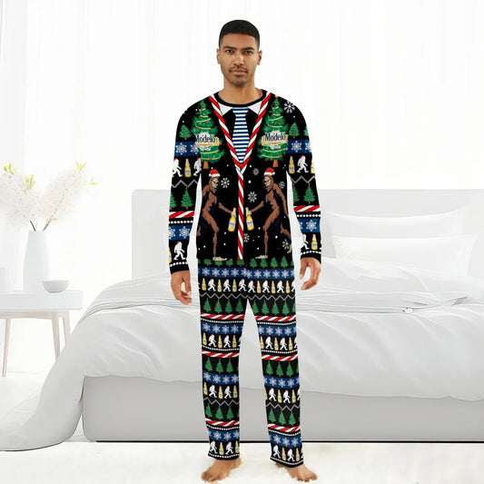 Man wearing Modelo Christmas Bigfoot family pajamas with Christmas trees, Bigfoot, beer bottles, and snowflakes