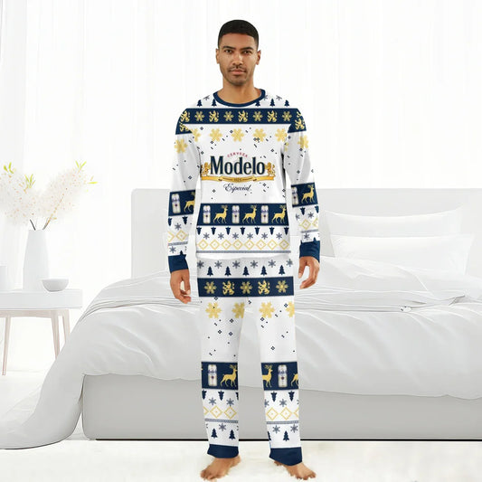 Man wearing Modelo Especial themed Christmas holiday pajamas with snowflakes and deer in white bedroom