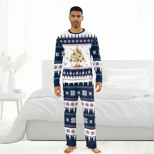Man wearing navy and white Christmas tree pajama set with Modelo beer bottle design in bright bedroom