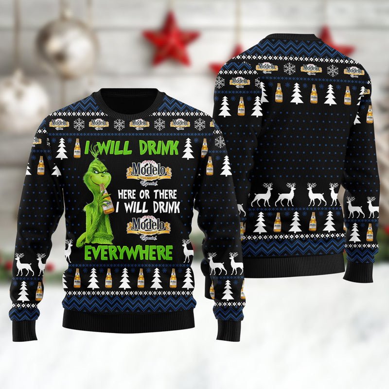 Modelo Grinch Will Drink Everywhere Ugly Sweater - VinoVogue.com