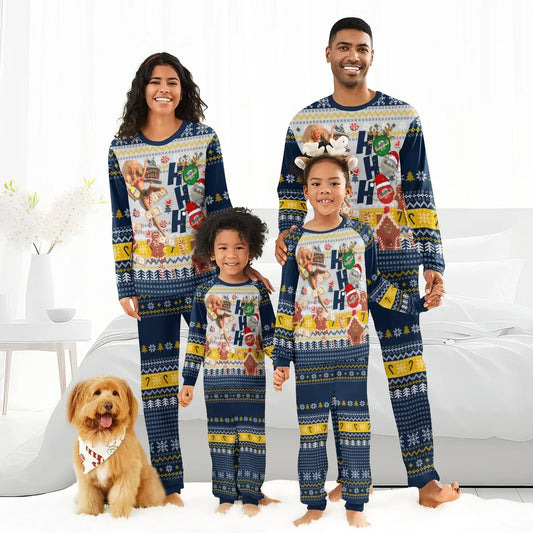 Smiling family wearing matching blue and yellow Christmas pajamas with festive patterns and dog with holiday bandana