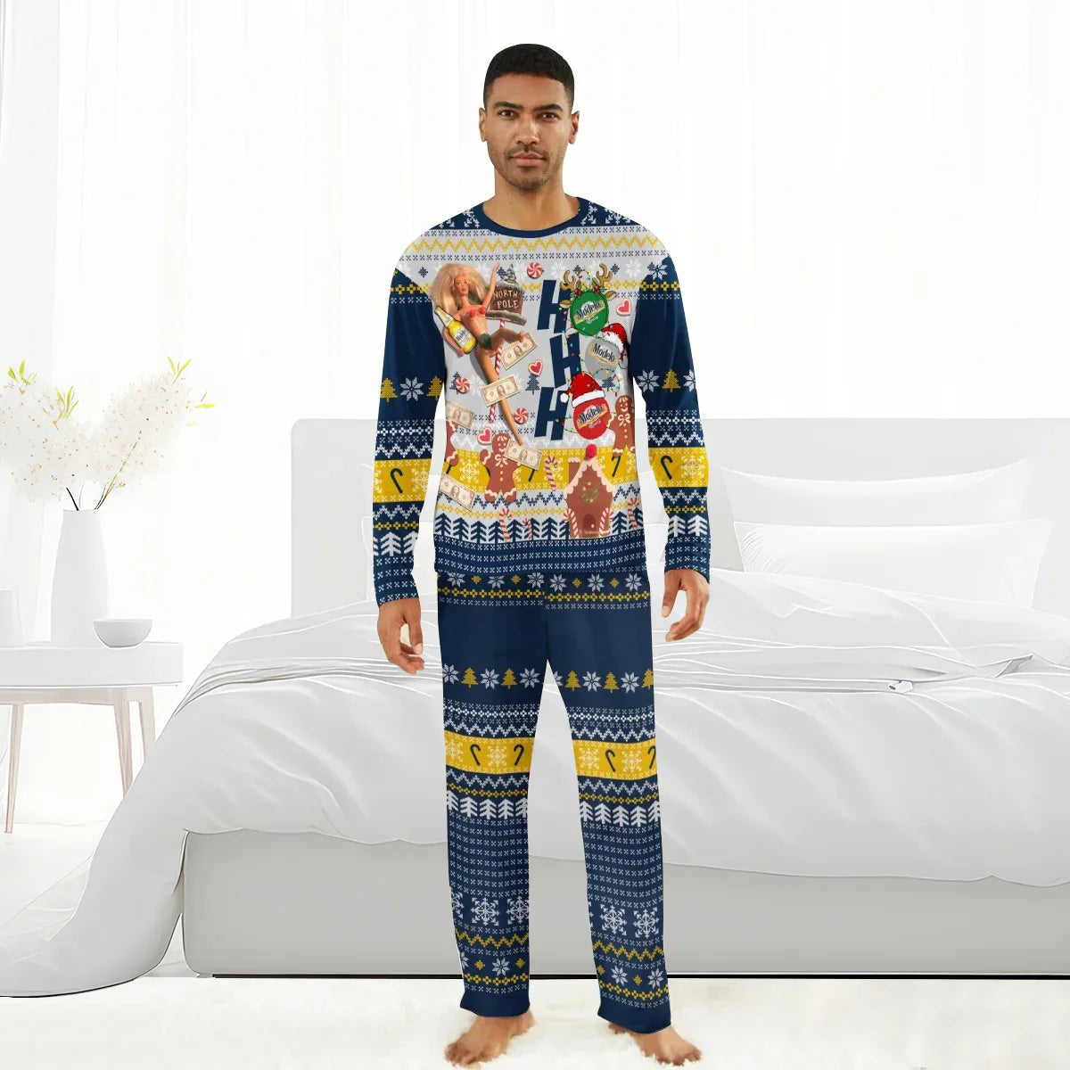 Man wearing blue and yellow Christmas-themed pajamas with holiday patterns and cartoon designs