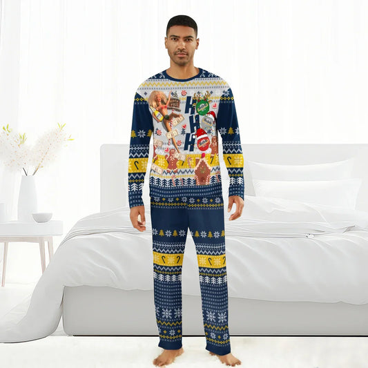 Man wearing blue and yellow Christmas-themed pajamas with holiday patterns and cartoon designs