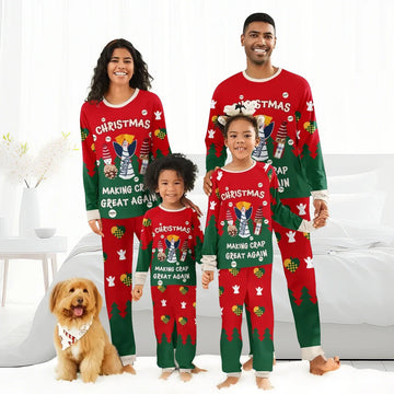 Smiling family of four and dog wearing red and green Christmas pajamas with Modelo beer and holiday graphics