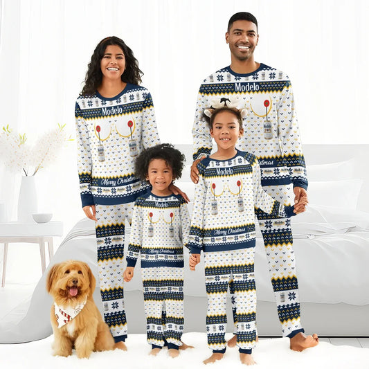 Smiling family in matching Modelo Merry Christmas holiday pajamas with beer can design, standing in bright bedroom