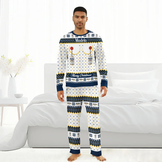 Man wearing Modelo Christmas-themed pajama set with beer can and festive patterns in bright bedroom