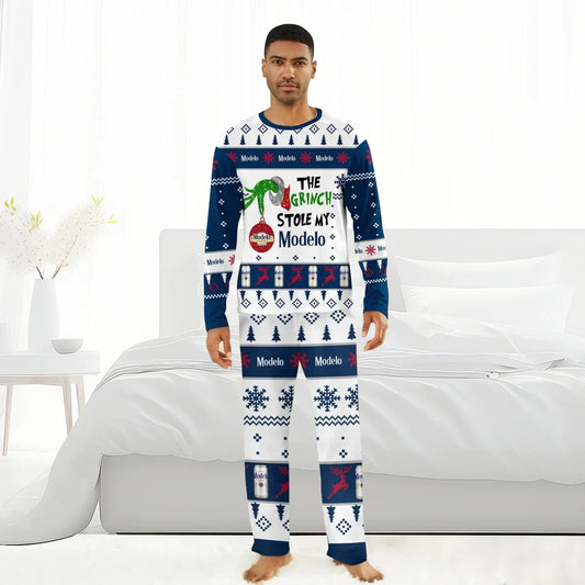 Man wearing Christmas pajama set with The Grinch and Modelo beer themed holiday design