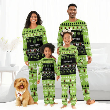 Family of four in matching green Monster Energy Christmas pajamas with holiday patterns and a dog in a festive bandana