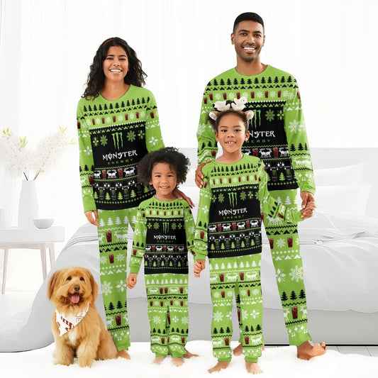 Family of four in matching green Monster Energy Christmas pajamas with holiday patterns and a dog in a festive bandana