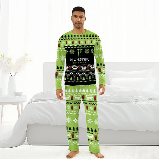Man wearing green Monster Energy themed Christmas pajamas with snowflakes and reindeer in bright bedroom