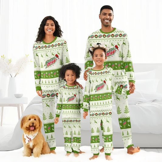 Family of four wearing Mountain Dew themed Christmas reindeer pajamas with a dog in a holiday bandana
