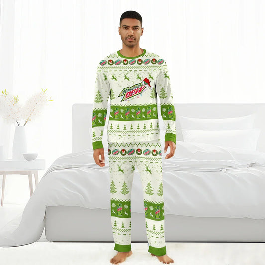 Man wearing white and green Mountain Dew Christmas pajamas with holiday trees and logos in bedroom