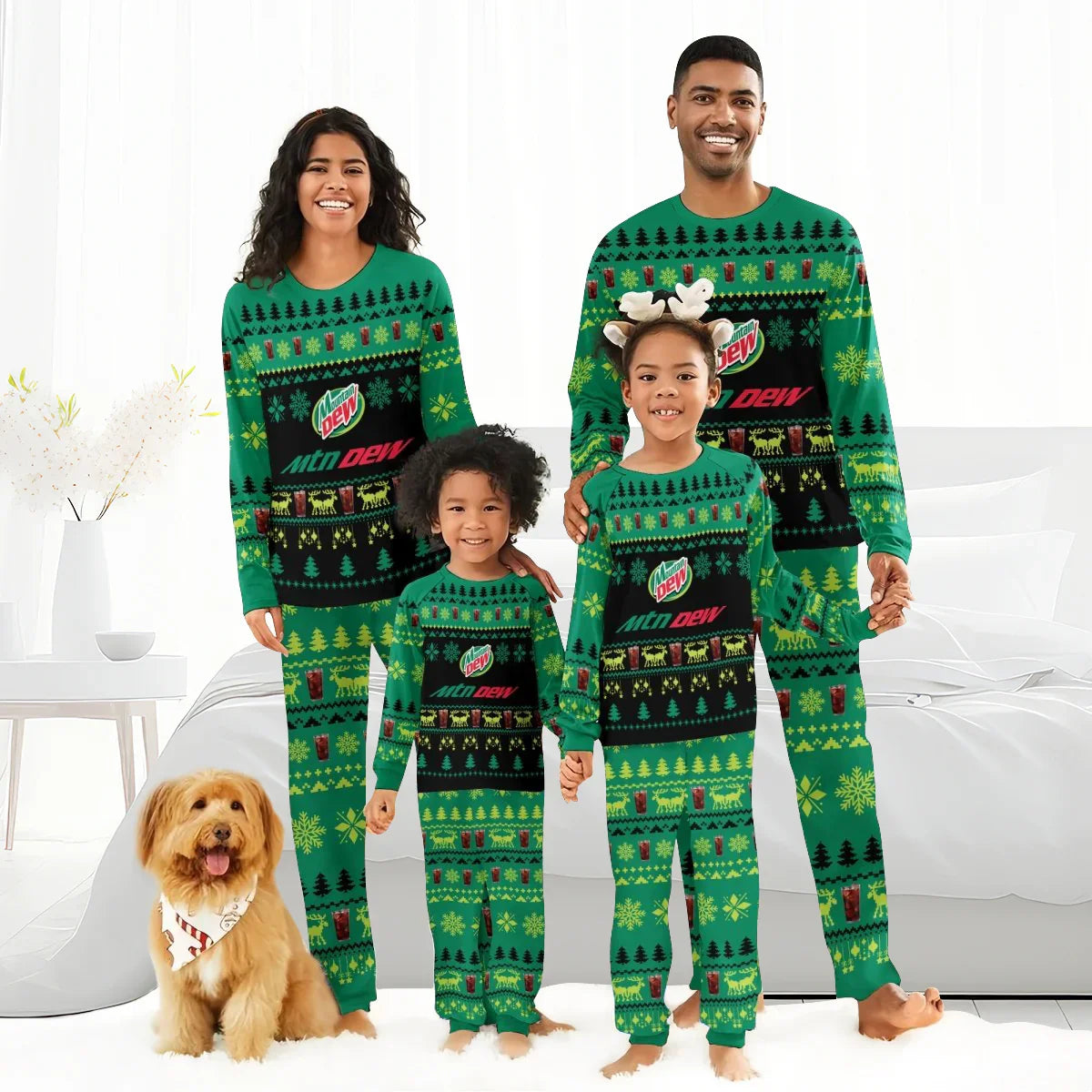 Smiling family of four wearing matching green Mountain Dew Christmas pajamas with holiday patterns, dog with festive bandana