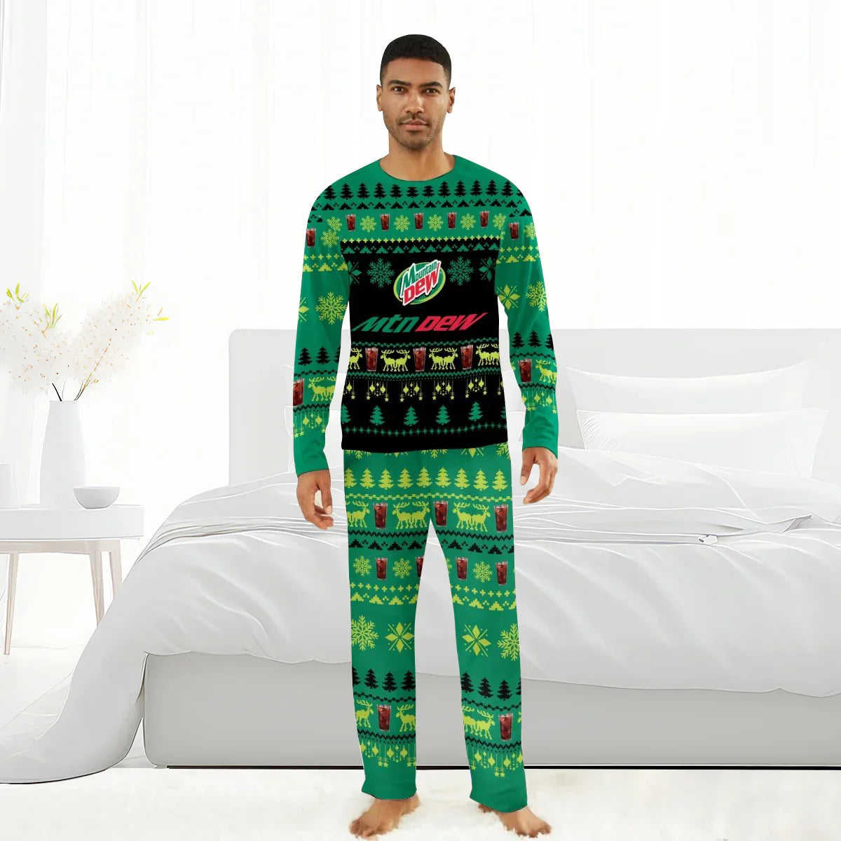 Man wearing Mountain Dew green Christmas pajamas with holiday patterns and beverage images