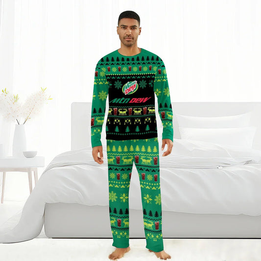 Man wearing Mountain Dew green Christmas pajamas with holiday patterns and beverage images