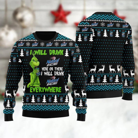 Natural Ice Grinch Will Drink Everywhere Ugly Sweater - VinoVogue.com