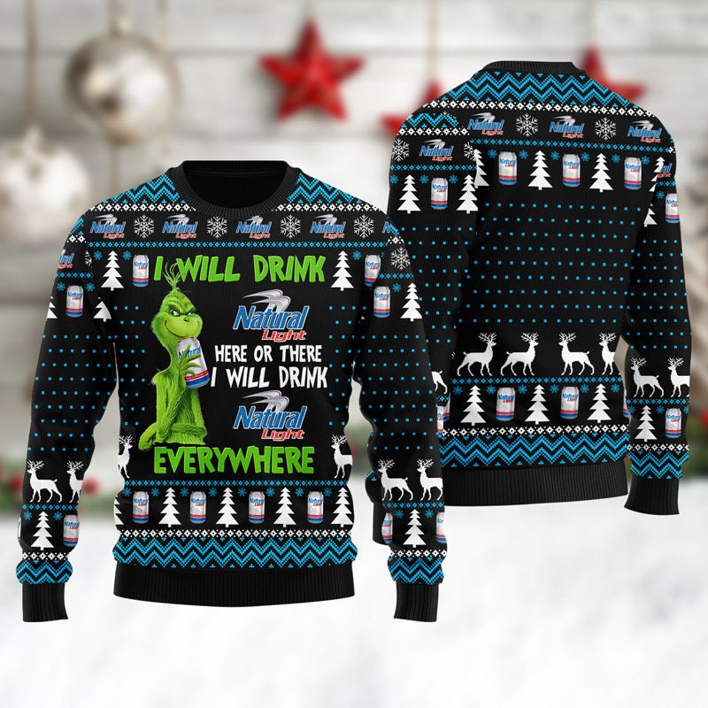 Natural Light Grinch Will Drink Everywhere Ugly Sweater - VinoVogue.com