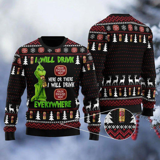 Olde English Grinch Will Drink Everywhere Ugly Sweater - VinoVogue.com