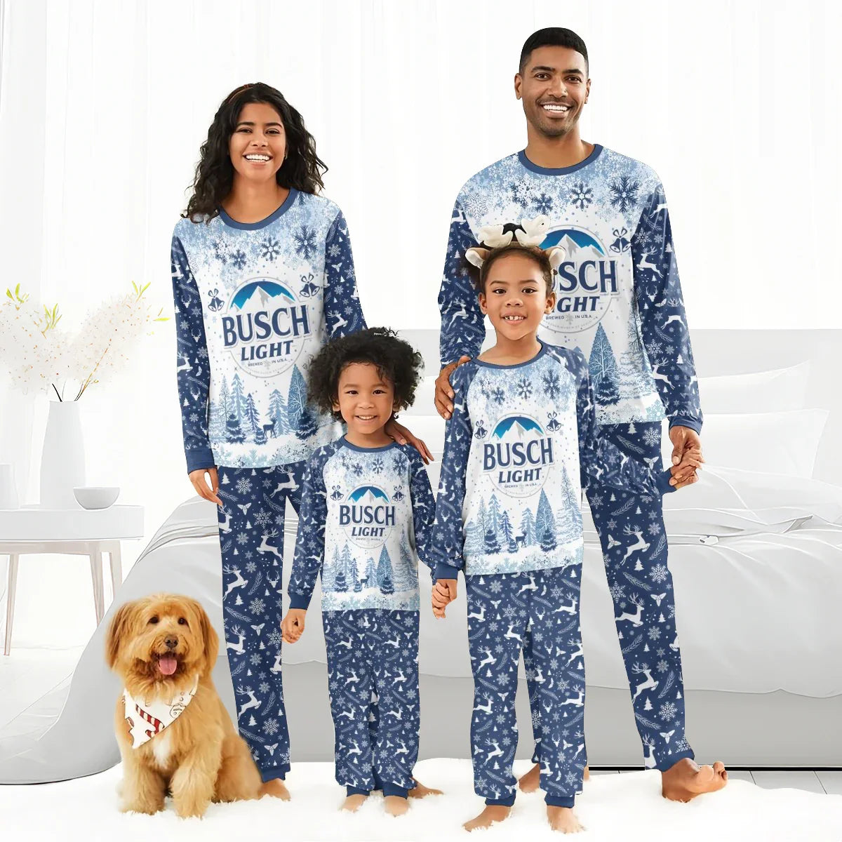Smiling family in matching blue Busch Light Christmas pajamas with winter snowflake and reindeer patterns, indoor setting