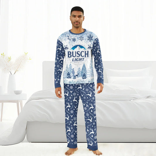 Man wearing blue Busch Light winter Christmas family pajama set with snowflakes and reindeer