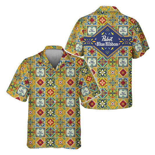 Pabst Blue Ribbon Azulejo Inspired Hawaiian Shirt - VinoVogue.com
