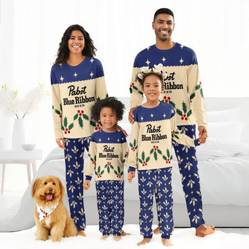 Smiling family in matching Pabst Blue Ribbon Christmas-themed pajamas with holly patterns, indoors