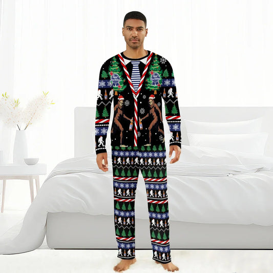 Man wearing Pabst Blue Ribbon Christmas Bigfoot family pajamas with holiday trees and snowflakes