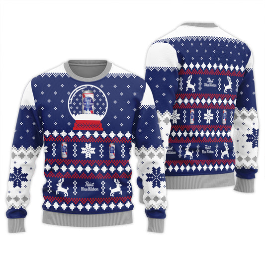 Pabst Blue Ribbon Christmas Crystal Ball Ugly Sweater