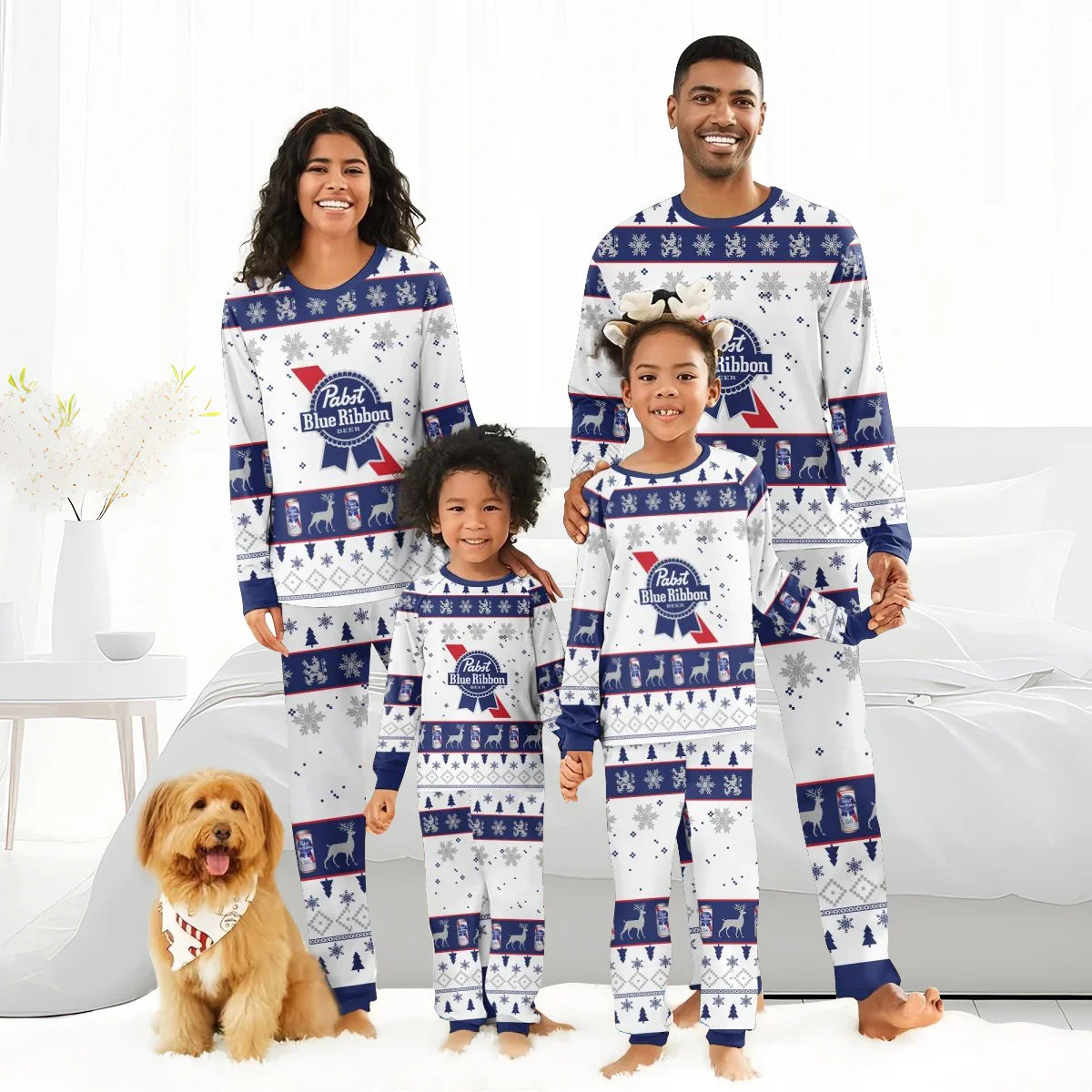 Smiling family of four wearing matching Pabst Blue Ribbon Christmas pajamas in a bright living room with dog