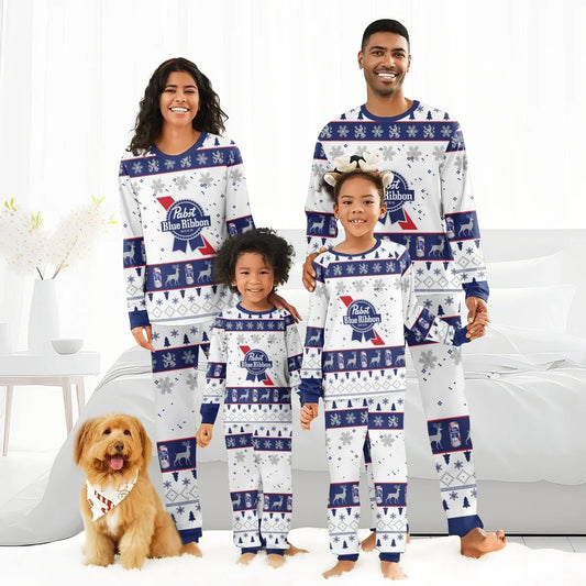 Smiling family of four wearing matching Pabst Blue Ribbon Christmas pajamas in a bright living room with dog